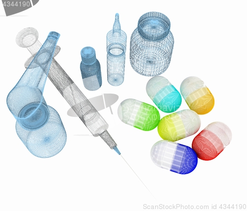 Image of Syringe, tablet, pill jar. 3D illustration