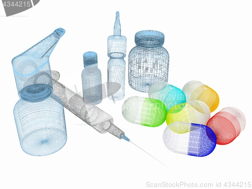 Image of Syringe, tablet, pill jar. 3D illustration