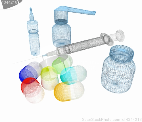 Image of Syringe, tablet, pill jar. 3D illustration