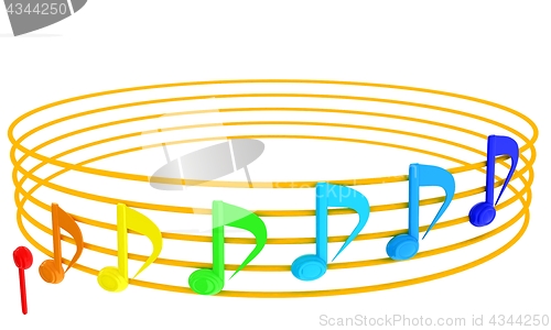 Image of Various music notes on stave. Colorfull 3d. 3D illustration