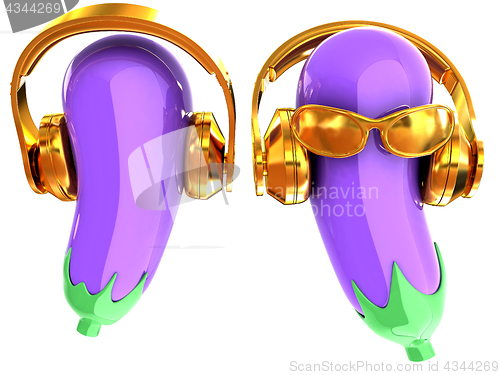 Image of eggplant with sun glass and headphones front \"face\" on a white b