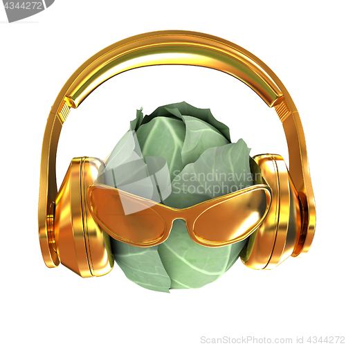 Image of Green cabbage with sun glass and headphones front \"face\" on a wh