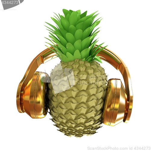 Image of Fashion gold pineapple with headphones listens to music. 3d illu