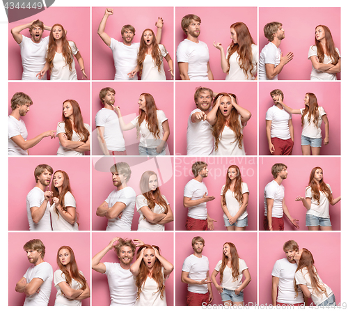 Image of The collage from images of young man and woman on pink background