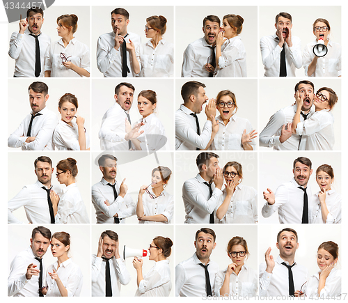 Image of The collage from images of young man and woman on pink background