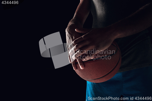 Image of The hands of a basketball player with ball