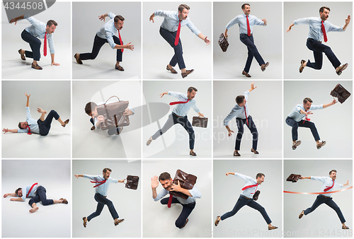 Image of Businessman running with a briefcase on gray background