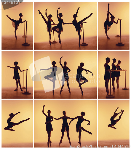 Image of Composition from silhouettes of three young dancers in ballet poses on a orange background.