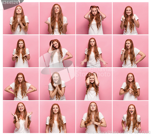 Image of Portrait of young woman with happy and unhappy facial expressions