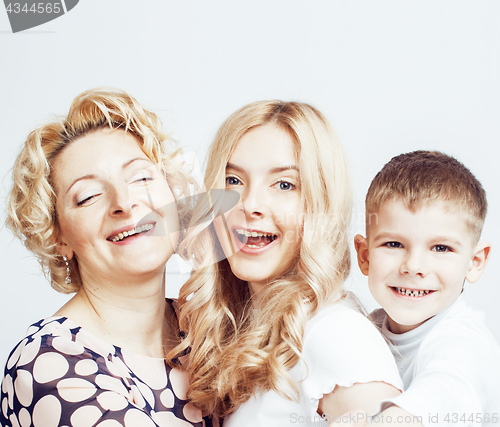 Image of happy smiling family together posing cheerful on white background, lifestyle people concept, mother with son and teenage daughter isolated