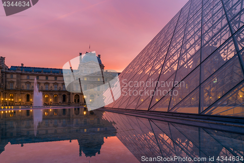 Image of View of famous Louvre Museum with Louvre Pyramid