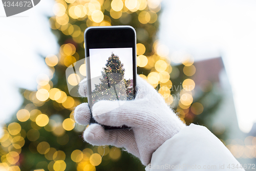 Image of hands with smartphone photographing christmas tree