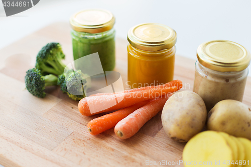 Image of vegetable puree or baby food in glass jars