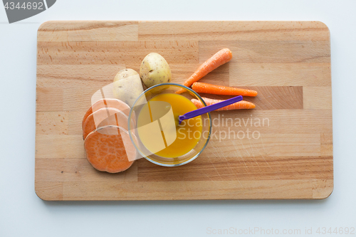 Image of vegetable puree or baby food in bowl with spoon