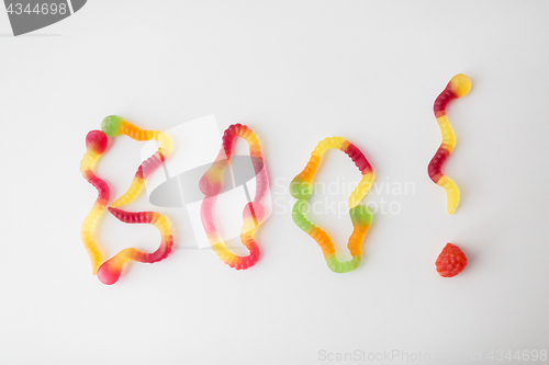 Image of word boo made of gummy worms for halloween