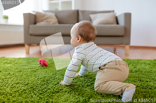 Image of baby boy crawling on floor at home