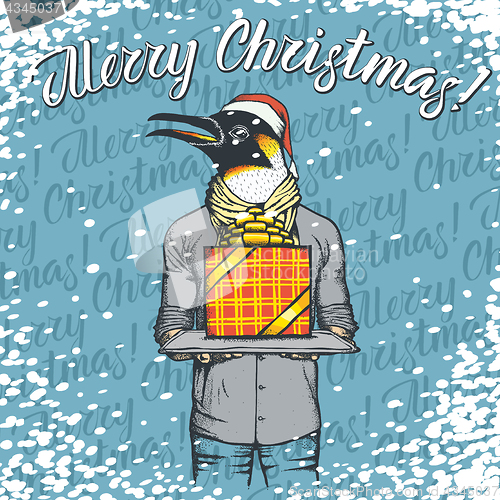 Image of Vector illustration of penguin on Christmas with gift