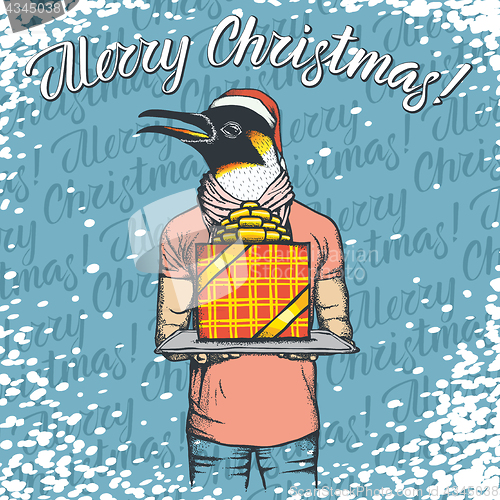 Image of Vector illustration of penguin on Christmas with gift