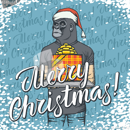 Image of Vector illustration of monkey on Christmas with gift