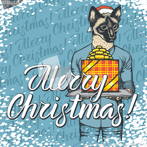 Image of Vector illustration of cat on Christmas with gift