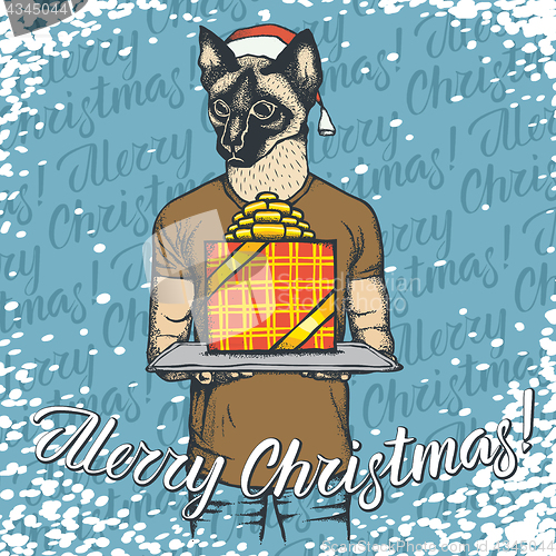 Image of Vector illustration of cat on Christmas with gift