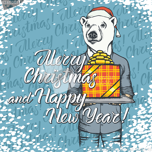 Image of Vector illustration of bear on Christmas with gift