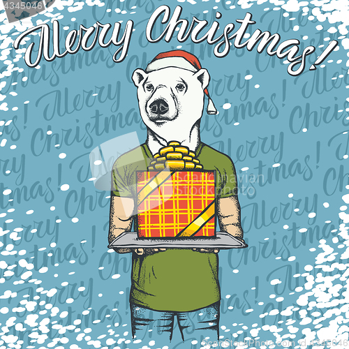 Image of Vector illustration of bear on Christmas with gift