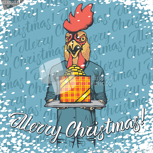 Image of Vector illustration of cock on Christmas with gift