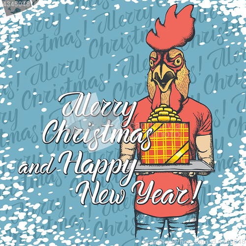 Image of Vector illustration of cock on Christmas with gift