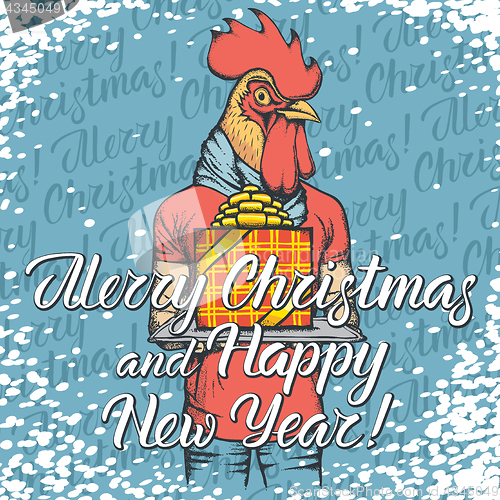 Image of Vector illustration of cock on Christmas with gift