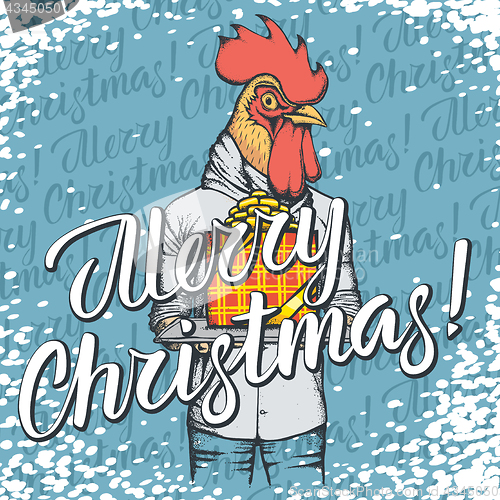 Image of Vector illustration of cock on Christmas with gift