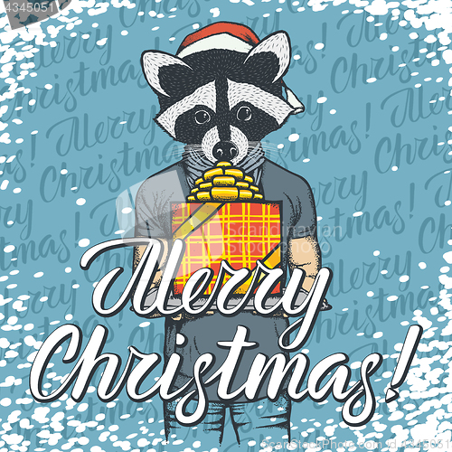 Image of Vector illustration of raccoon on Christmas with gift