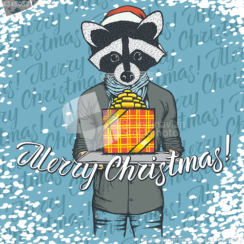 Image of Vector illustration of raccoon on Christmas with gift