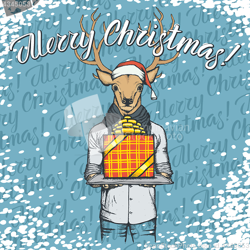 Image of Vector illustration of deer on Christmas with gift