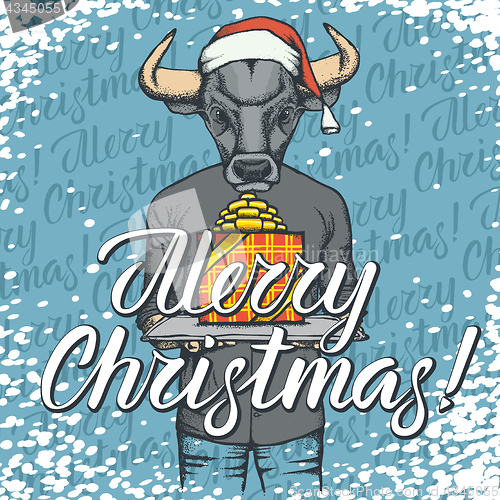 Image of Vector illustration of bull on Christmas with gift