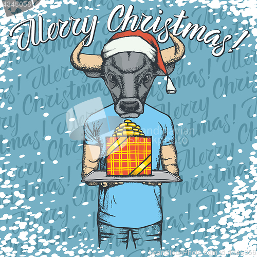 Image of Vector illustration of bull on Christmas with gift