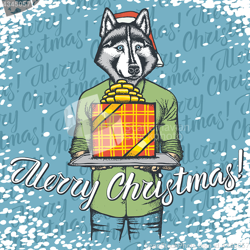 Image of Vector illustration of dog on Christmas with gift