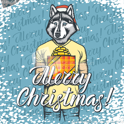 Image of Vector illustration of dog on Christmas with gift