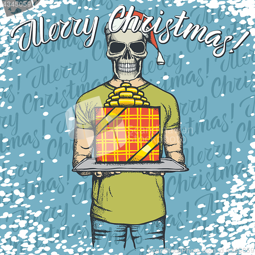 Image of Vector illustration of skull on Christmas with gift