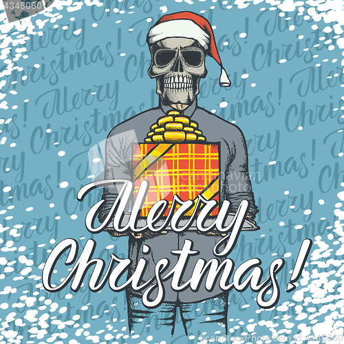 Image of Vector illustration of skull on Christmas with gift