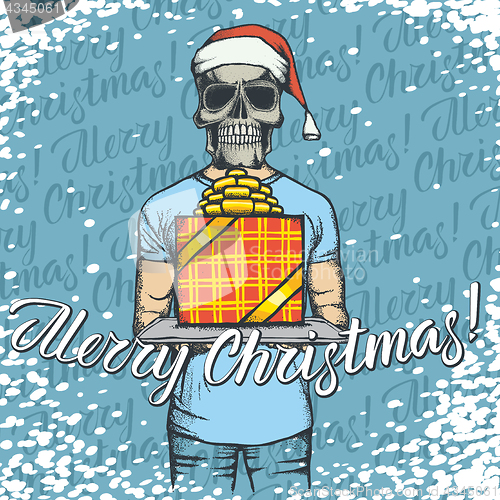 Image of Vector illustration of skull on Christmas with gift