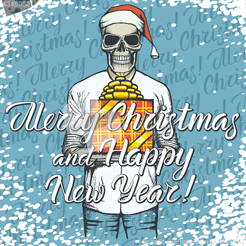 Image of Vector illustration of skull on Christmas with gift