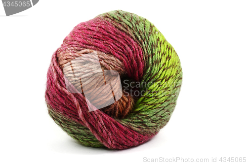 Image of ball of colorful wool, red and green on white