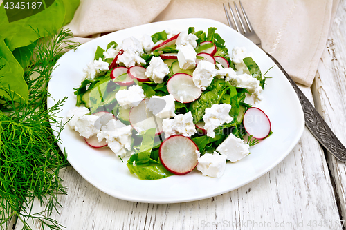 Image of Salad with spinach and radish in plate on light board