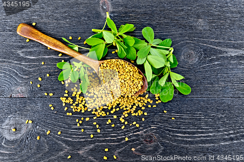 Image of Fenugreek with leaf in spoon on board top