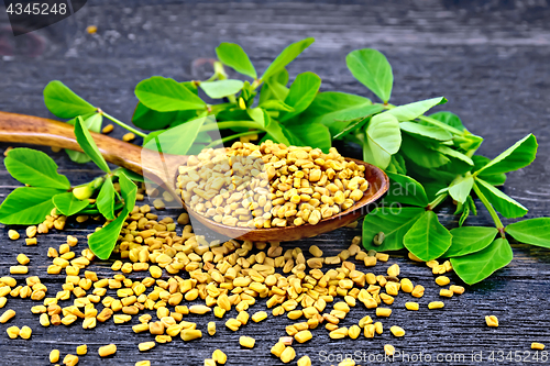 Image of Fenugreek with leaf in spoon on board