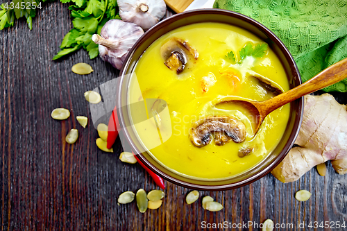 Image of Soup-puree pumpkin with champignons and shrimps on board top