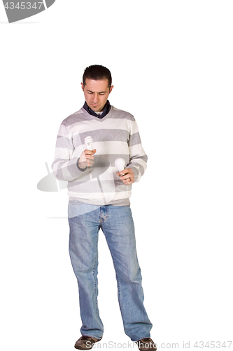 Image of Casual Man Choosing Green Friendly Bulb