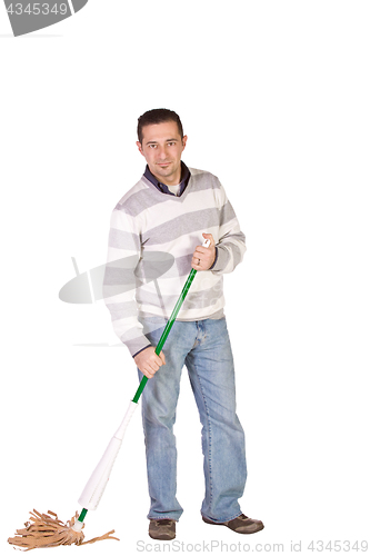 Image of Casual Man Mopping the Floor