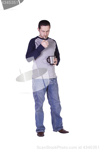 Image of Mediterranean Man Smoking and Drinking Coffee